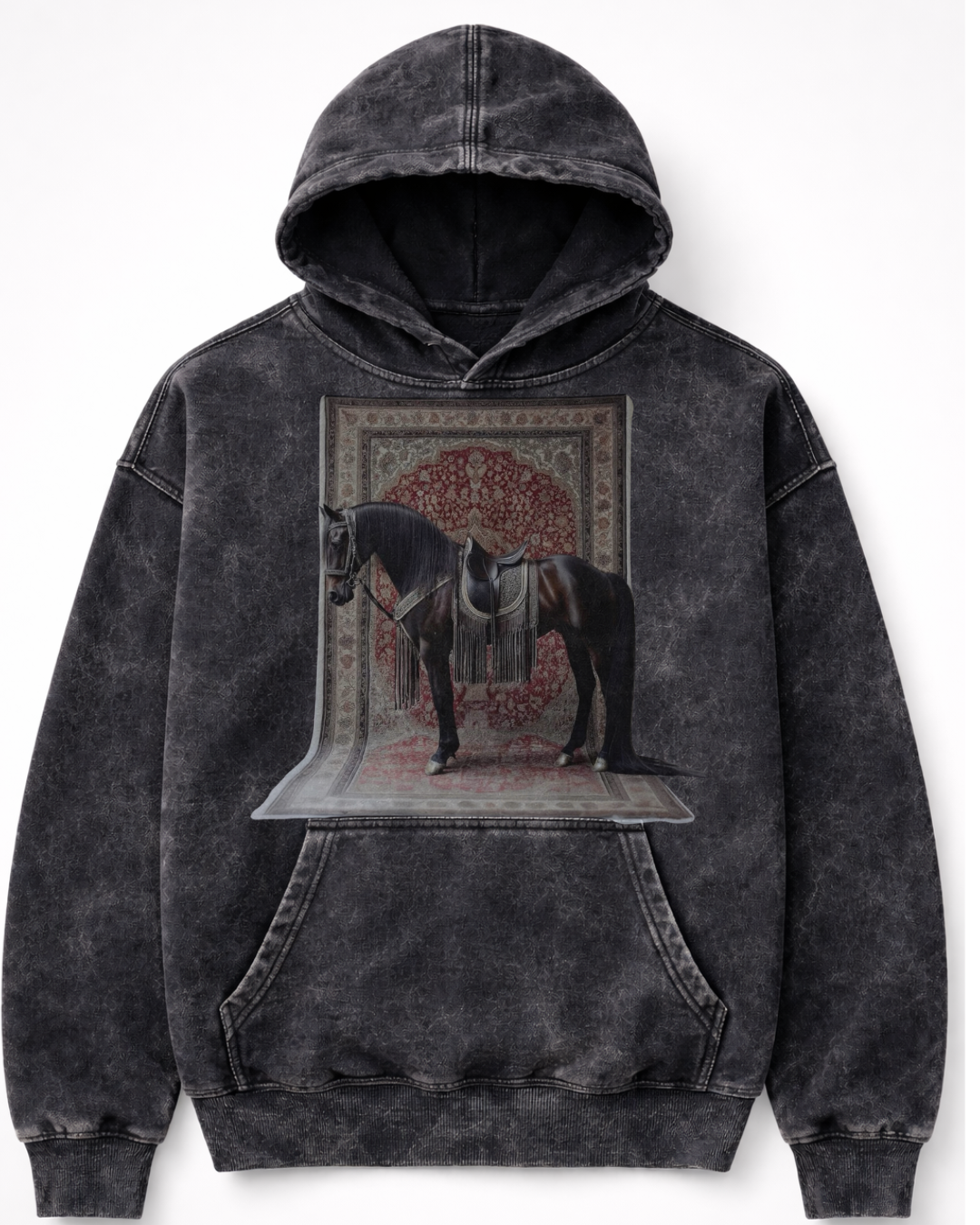 Vintage Persian Horse Art Hoodie – Washed Black Front Print
