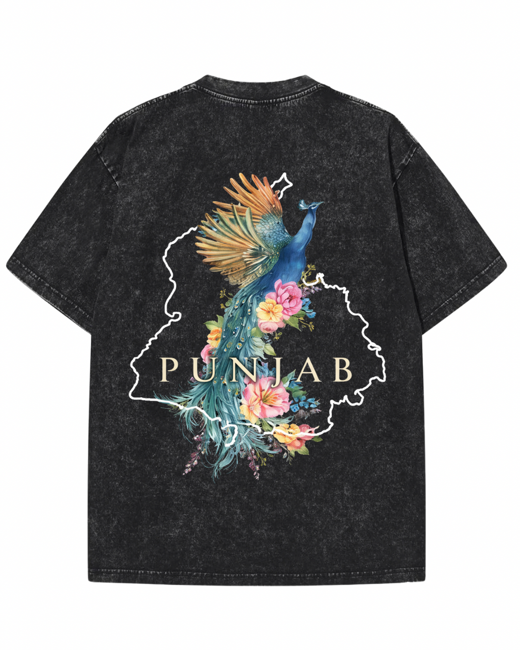 "Heritage in Bloom" Punjab Graphic Tee – Acid Wash Black