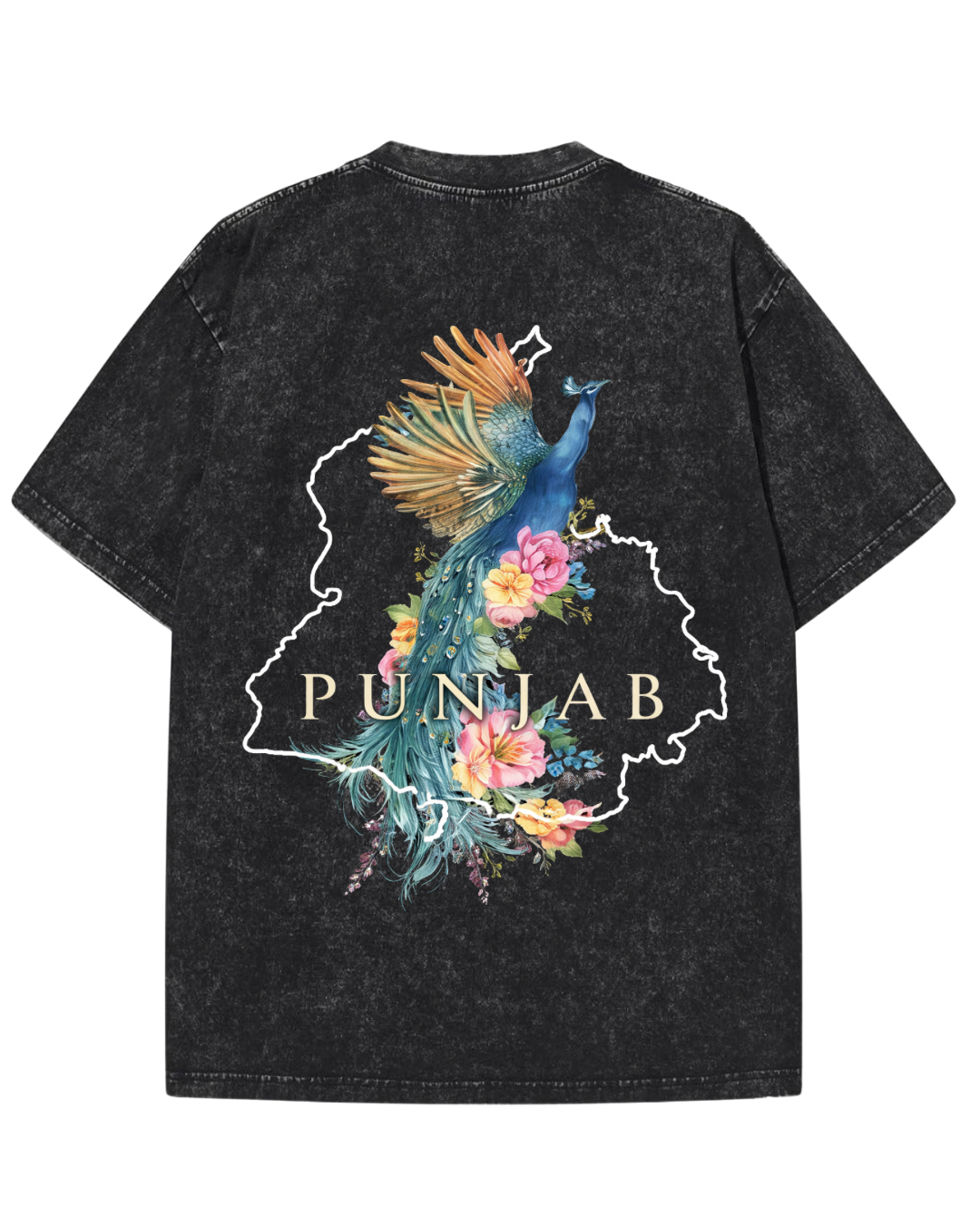 "Heritage in Bloom" Punjab Graphic Tee – Acid Wash Black