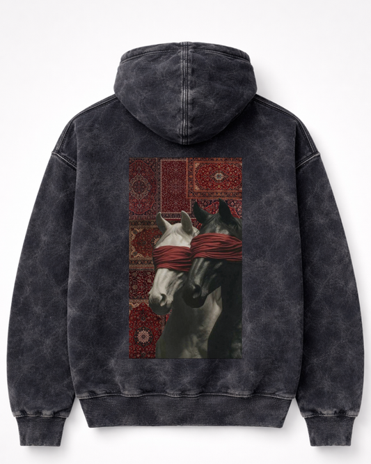 Twin Stallions Art Hoodie – Vintage Washed Black Statement Pullover