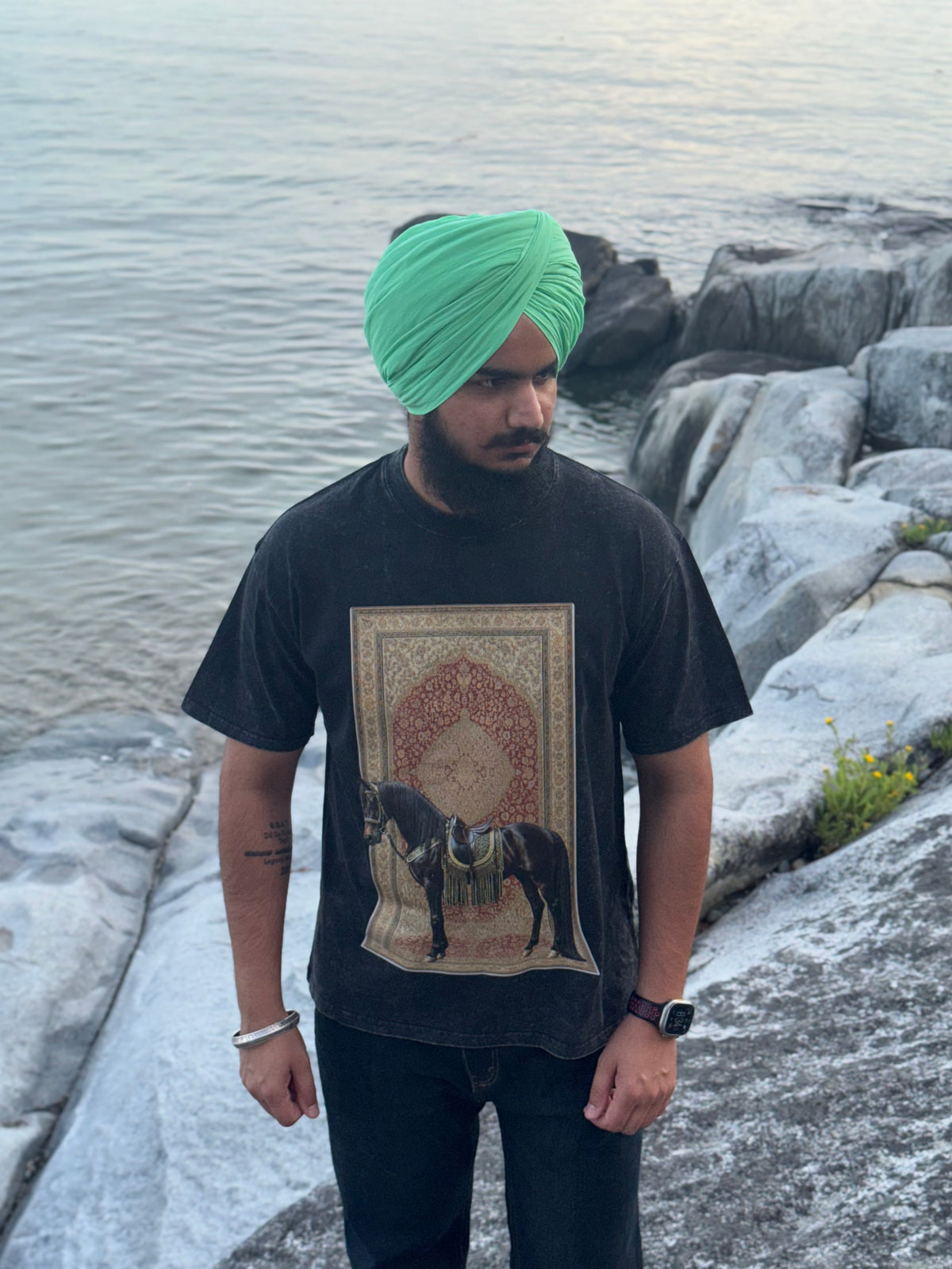 "ROYAL STEED" Heritage Tapestry Graphic Tee – Washed Black