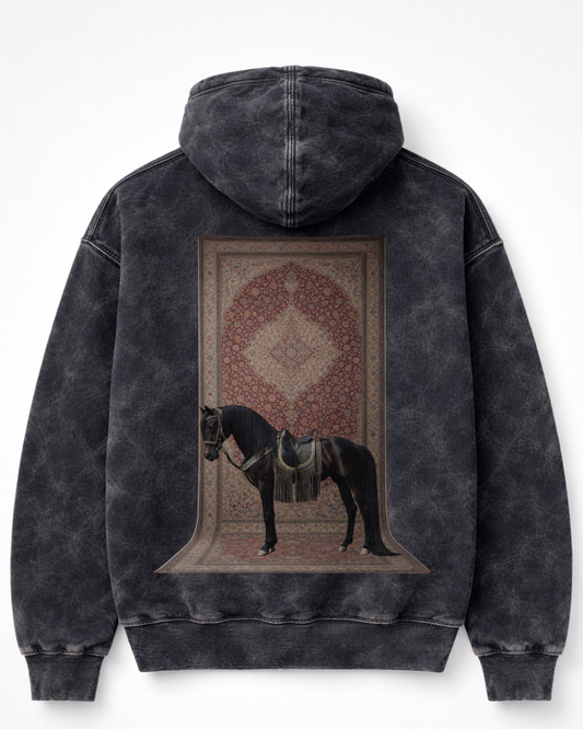 Vintage Persian Horse Art Hoodie – Washed Black Back Print