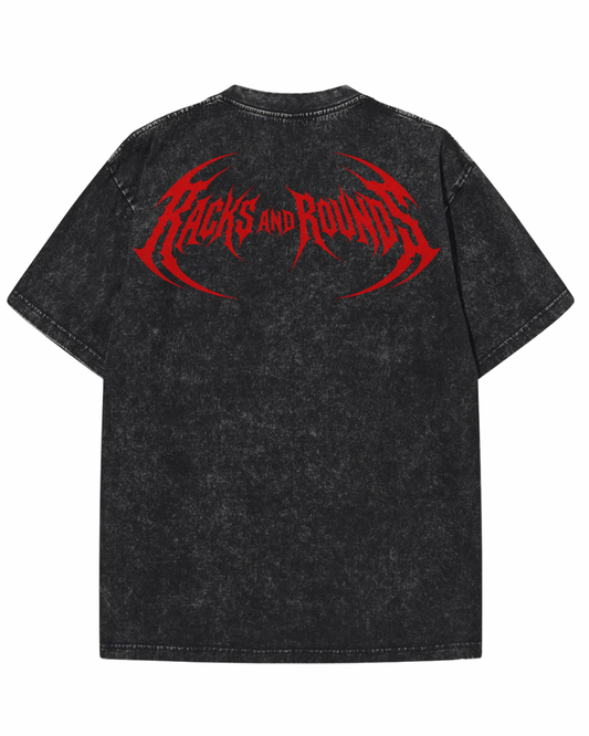 Racks and Rounds Acid Wash Graphic T-Shirt – Red Gothic Back Print